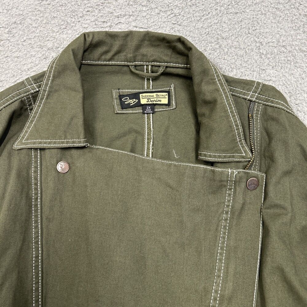 Suzanne Betro Denim Jacket Womens 2XL Olive Green Belted Coat Zip Up - Picture 2 of 16